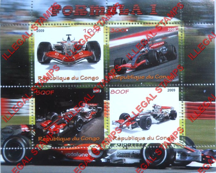 Congo Republic 2009 Formula I Illegal Stamp Souvenir Sheet of 4 Congo Republic 2009 Formula I Illegal Stamp Souvenir Sheet of 4