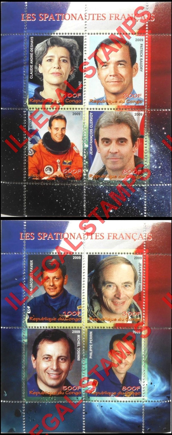 Congo Republic 2009 French Astronauts Illegal Stamp Souvenir Sheets of 4 Congo Republic 2009 French Astronauts Illegal Stamp Souvenir Sheets of 4