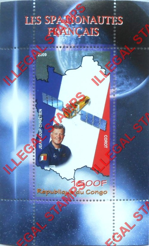 Congo Republic 2009 French Astronauts Illegal Stamp Souvenir Sheet of 1 Congo Republic 2009 French Astronauts Illegal Stamp Souvenir Sheet of 1