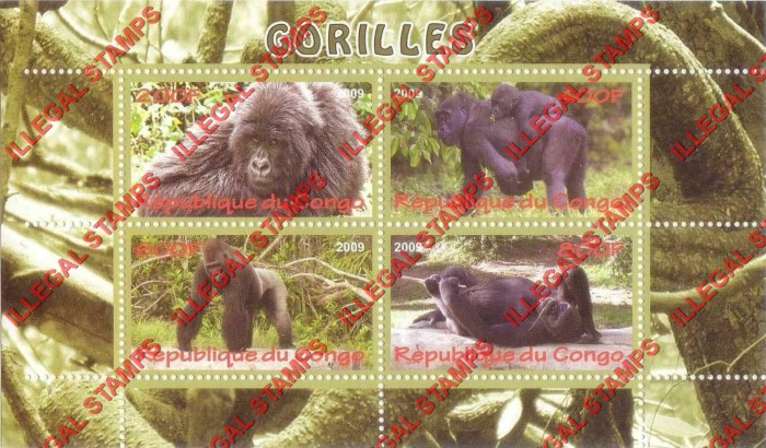 Congo Republic 2009 Gorillas Illegal Stamp Souvenir Sheet of 4 Congo Republic 2009 Gorillas Illegal Stamp Souvenir Sheet of 4