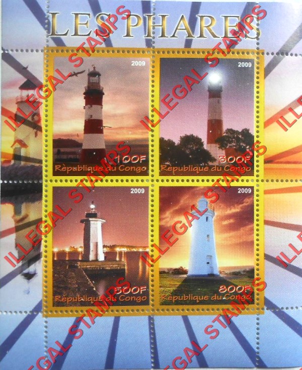 Congo Republic 2009 Lighthouses Illegal Stamp Souvenir Sheet of 4 Congo Republic 2009 Lighthouses Illegal Stamp Souvenir Sheet of 4