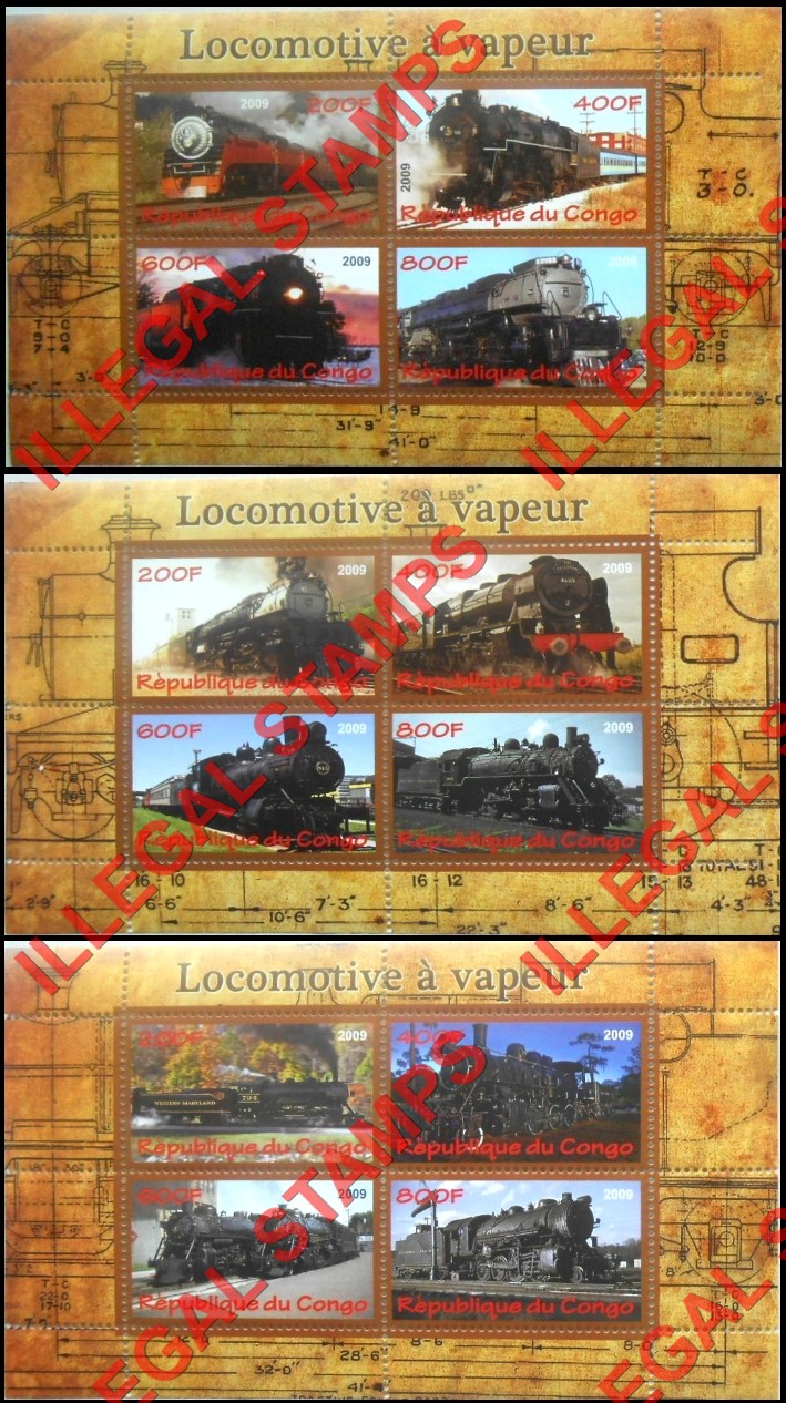 Congo Republic 2009 Locomotives Illegal Stamp Souvenir Sheets of 4 Congo Republic 2009 Locomotives Illegal Stamp Souvenir Sheets of 4