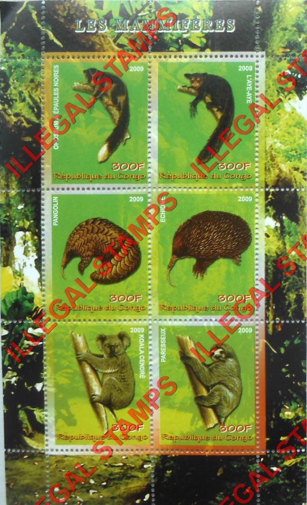 Congo Republic 2009 Mammals Illegal Stamp Souvenir Sheet of 6 Congo Republic 2009 Mammals Illegal Stamp Souvenir Sheet of 6