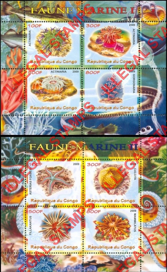 Congo Republic 2009 Marine Fauna Illegal Stamp Souvenir Sheets of 4 Congo Republic 2009 Marine Fauna Illegal Stamp Souvenir Sheets of 4