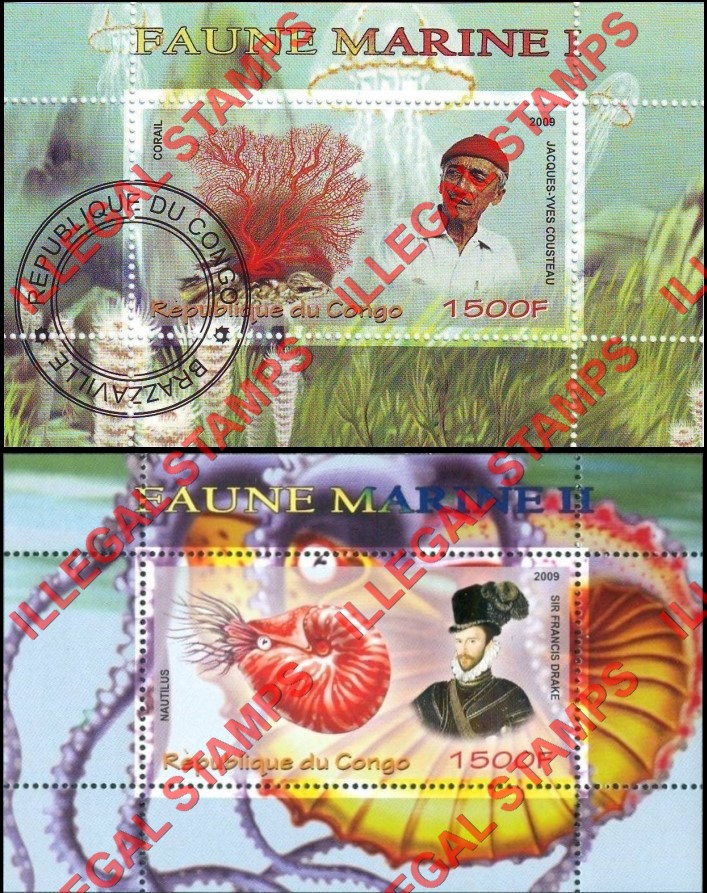 Congo Republic 2009 Marine Fauna Jauques Cousteau Sir Francis Drake Illegal Stamp Souvenir Sheets of 1 Congo Republic 2009 Marine Fauna Jauques Cousteau Sir Francis Drake Illegal Stamp Souvenir Sheets of 1