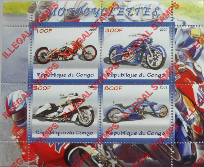 Congo Republic 2009 Motorcycles Illegal Stamp Souvenir Sheet of 4 Congo Republic 2009 Motorcycles Illegal Stamp Souvenir Sheet of 4