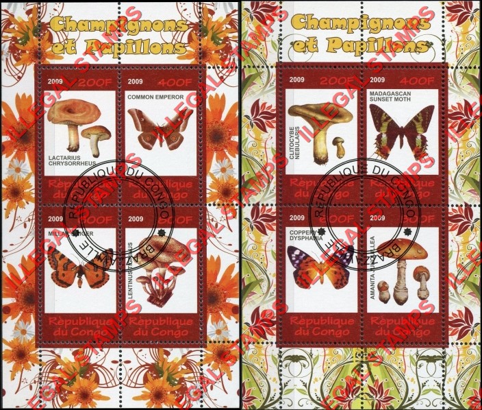 Congo Republic 2009 Mushrooms and Butterflies Illegal Stamp Souvenir Sheets of 4 Congo Republic 2009 Mushrooms and Butterflies Illegal Stamp Souvenir Sheets of 4