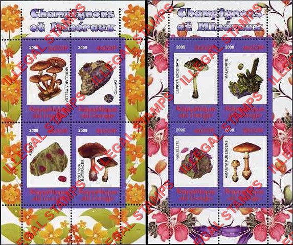 Congo Republic 2009 Mushrooms and Minerals Illegal Stamp Souvenir Sheets of 4 Congo Republic 2009 Mushrooms and Minerals Illegal Stamp Souvenir Sheets of 4