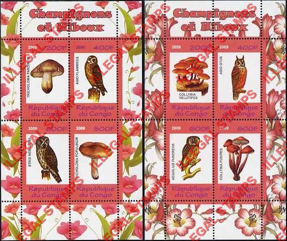Congo Republic 2009 Mushrooms and Owls Illegal Stamp Souvenir Sheets of 4 Congo Republic 2009 Mushrooms and Owls Illegal Stamp Souvenir Sheets of 4