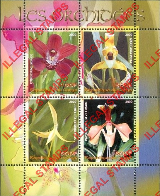 Congo Republic 2009 Orchids Illegal Stamp Souvenir Sheet of 4 Congo Republic 2009 Orchids Illegal Stamp Souvenir Sheet of 4