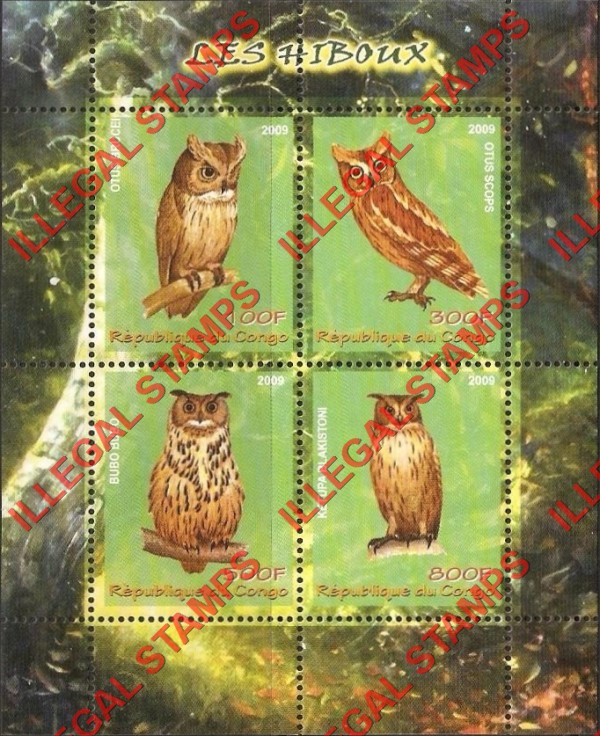 Congo Republic 2009 Owls Illegal Stamp Souvenir Sheet of 4 Congo Republic 2009 Owls Illegal Stamp Souvenir Sheet of 4