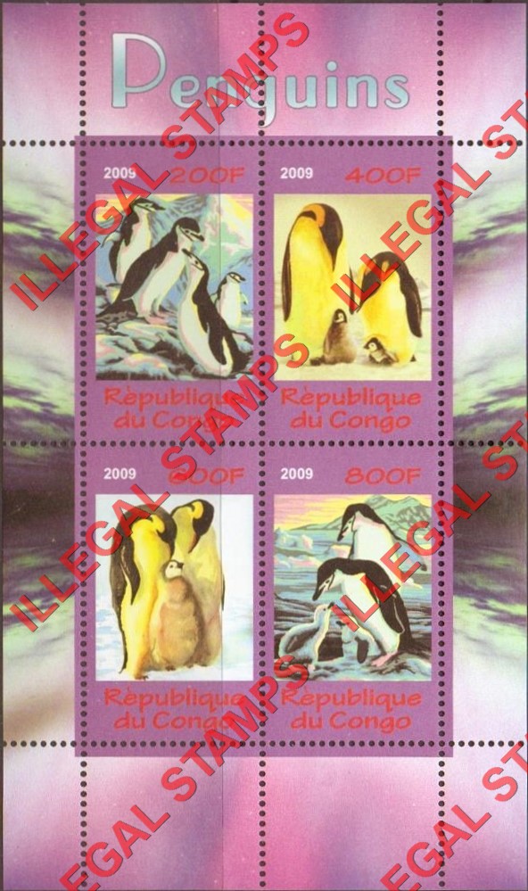 Congo Republic 2009 Penguins Illegal Stamp Souvenir Sheet of 4 Congo Republic 2009 Penguins Illegal Stamp Souvenir Sheet of 4