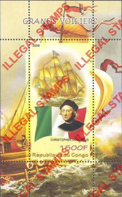 Congo Republic 2009 Sailing Ships Christopher Columbus Illegal Stamp Souvenir Sheet of 1 Congo Republic 2009 Sailing Ships Christopher Columbus Illegal Stamp Souvenir Sheet of 1