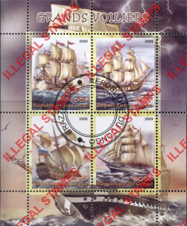 Congo Republic 2009 Sailing Ships Illegal Stamp Souvenir Sheet of 4 Congo Republic 2009 Sailing Ships Illegal Stamp Souvenir Sheet of 4