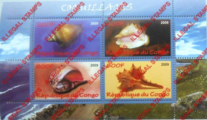 Congo Republic 2009 Shells Illegal Stamp Souvenir Sheet of 4 Congo Republic 2009 Shells Illegal Stamp Souvenir Sheet of 4