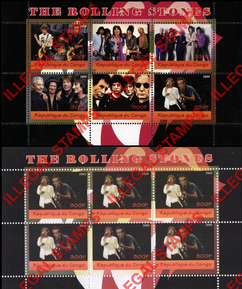 Congo Republic 2009 The Rolling Stones Illegal Stamp Souvenir Sheets of 6 Congo Republic 2009 The Rolling Stones Illegal Stamp Souvenir Sheets of 6