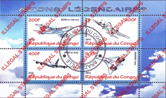 Congo Republic 2010 Legendary Aircraft Illegal Stamp Souvenir Sheet of 4 Congo Republic 2010 Legendary Aircraft Illegal Stamp Souvenir Sheet of 4