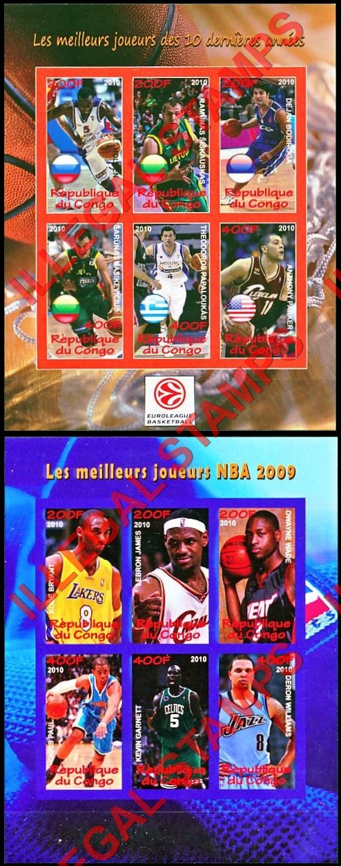 Congo Republic 2010 Basketball Illegal Stamp Souvenir Sheets of 6 Congo Republic 2010 Basketball Illegal Stamp Souvenir Sheets of 6