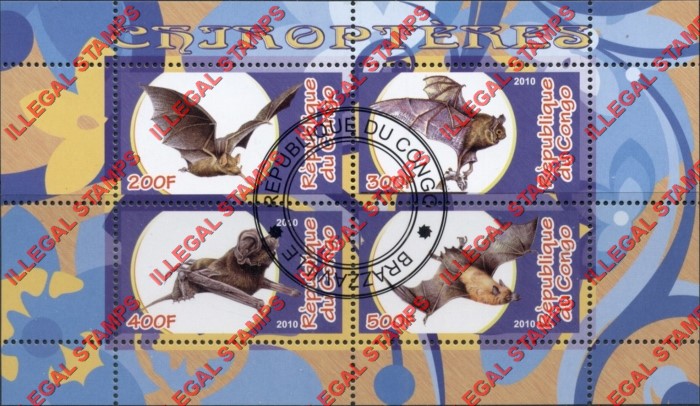Congo Republic 2010 Bats Illegal Stamp Souvenir Sheet of 4 Congo Republic 2010 Bats Illegal Stamp Souvenir Sheet of 4