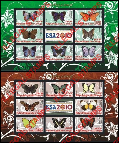Congo Republic 2010 Butterflies Illegal Stamp Souvenir Sheets of 8 Plus Label Congo Republic 2010 Butterflies Illegal Stamp Souvenir Sheets of 8 Plus Label