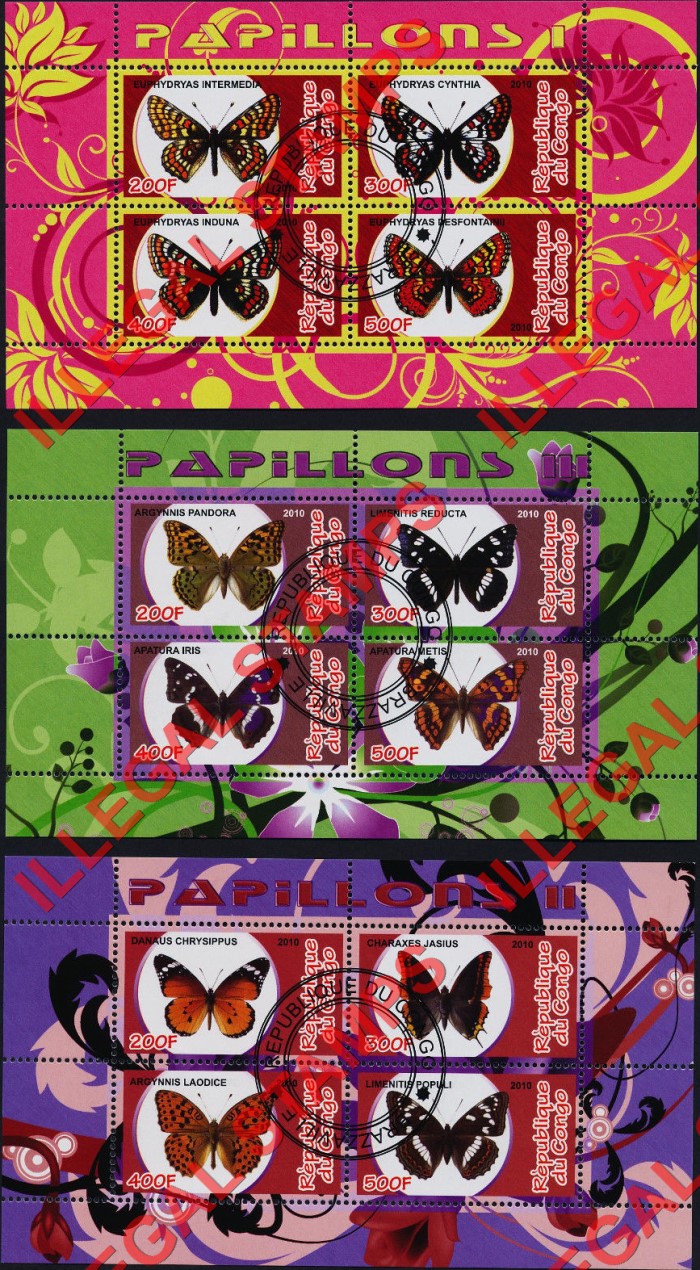 Congo Republic 2010 Butterflies Illegal Stamp Souvenir Sheets of Congo Republic 2010 Butterflies Illegal Stamp Souvenir Sheets of 4