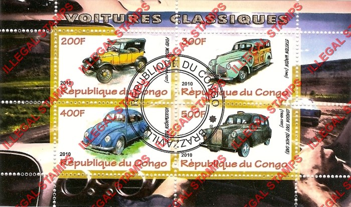 Congo Republic 2010 Classic Cars Illegal Stamp Souvenir Sheet of 4 Congo Republic 2010 Classic Cars Illegal Stamp Souvenir Sheet of 4