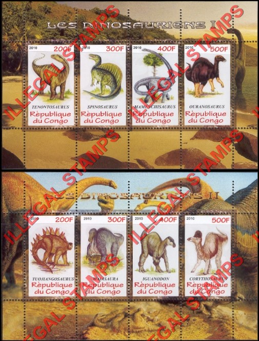 Congo Republic 2010 Dinosaurs Illegal Stamp Souvenir Sheets of 4 Congo Republic 2010 Dinosaurs Illegal Stamp Souvenir Sheets of 4