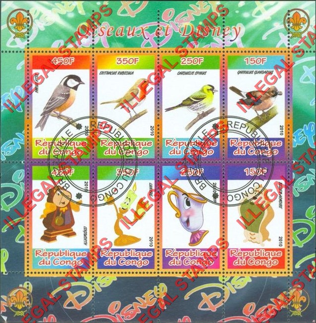 Congo Republic 2010 Disney and Birds Illegal Stamp Souvenir Sheet of 8 Congo Republic 2010 Disney and Birds Illegal Stamp Souvenir Sheet of 8