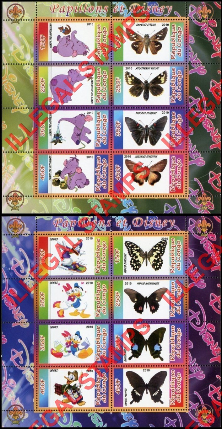 Congo Republic 2010 Disney and Butterflies Illegal Stamp Souvenir Sheets of 8 Congo Republic 2010 Disney and Butterflies Illegal Stamp Souvenir Sheets of 8