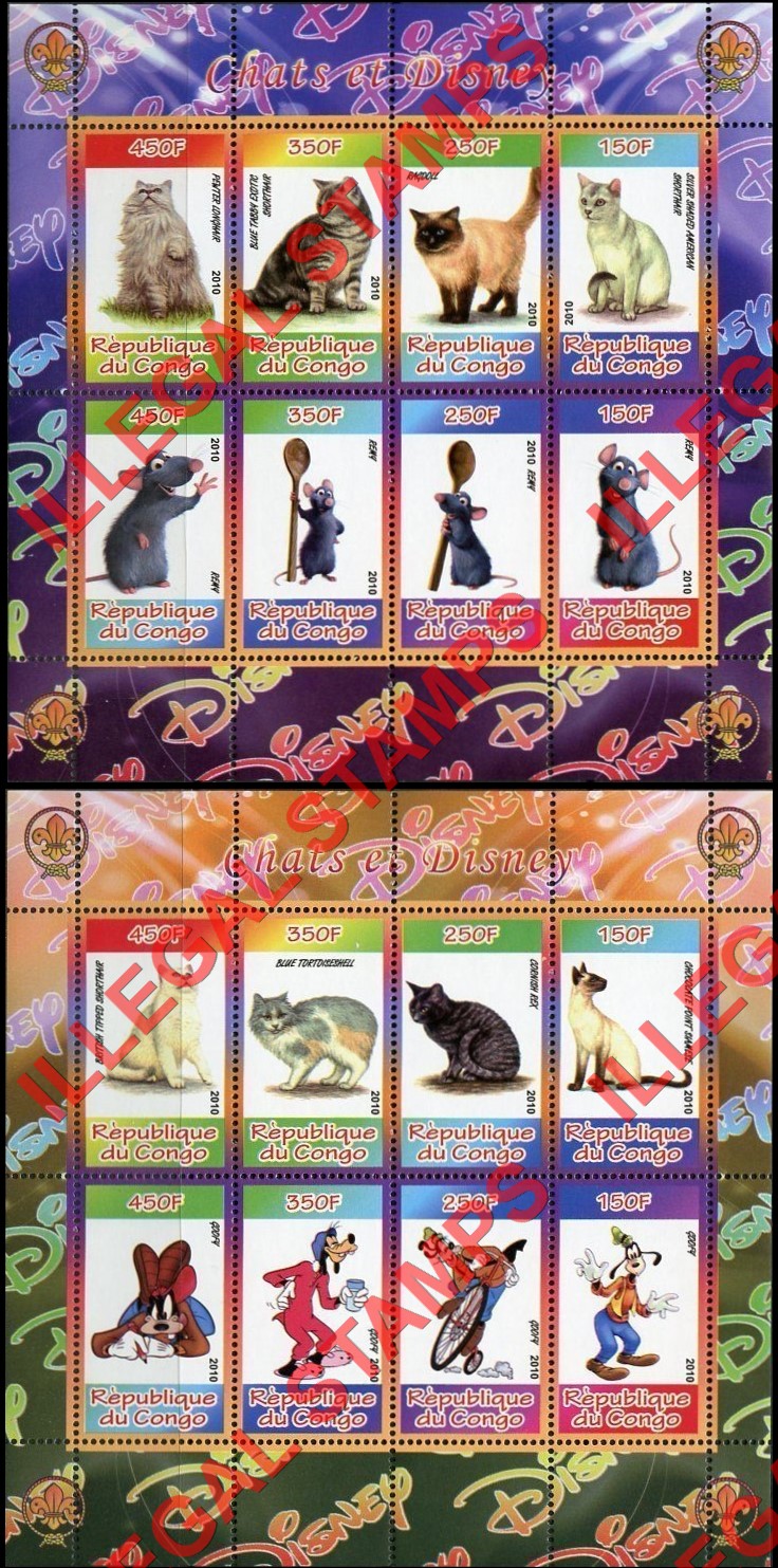Congo Republic 2010 Disney and Cats Illegal Stamp Souvenir Sheets of 8 Congo Republic 2010 Disney and Cats Illegal Stamp Souvenir Sheets of 8