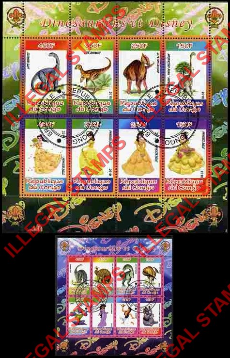 Congo Republic 2010 Disney and Dinosaurs Illegal Stamp Souvenir Sheets of 8 Congo Republic 2010 Disney and Dinosaurs Illegal Stamp Souvenir Sheets of 8