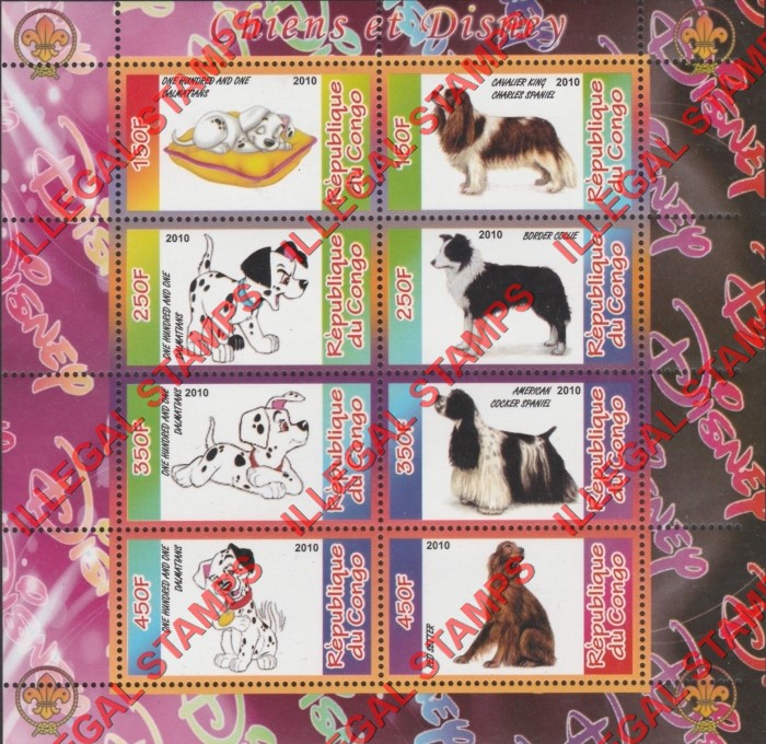 Congo Republic 2010 Disney and Dogs Illegal Stamp Souvenir Sheet of 8 Congo Republic 2010 Disney and Dogs Illegal Stamp Souvenir Sheet of 8