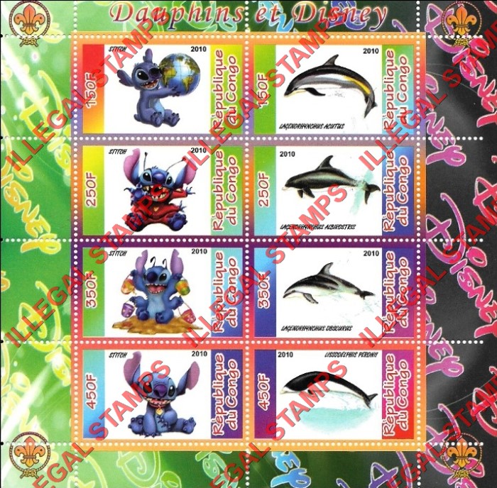 Congo Republic 2010 Disney and Dolphins Illegal Stamp Souvenir Sheet of 8 Congo Republic 2010 Disney and Dolphins Illegal Stamp Souvenir Sheet of 8