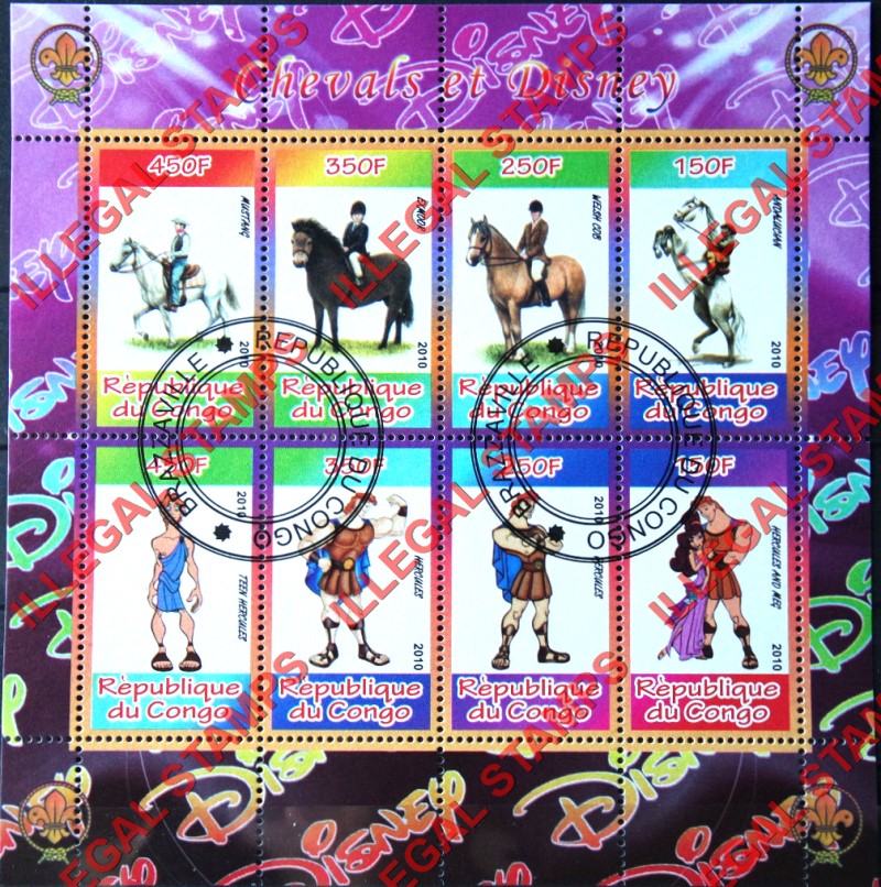 Congo Republic 2010 Disney and Horses Illegal Stamp Souvenir Sheet of 8 Congo Republic 2010 Disney and Horses Illegal Stamp Souvenir Sheet of 8