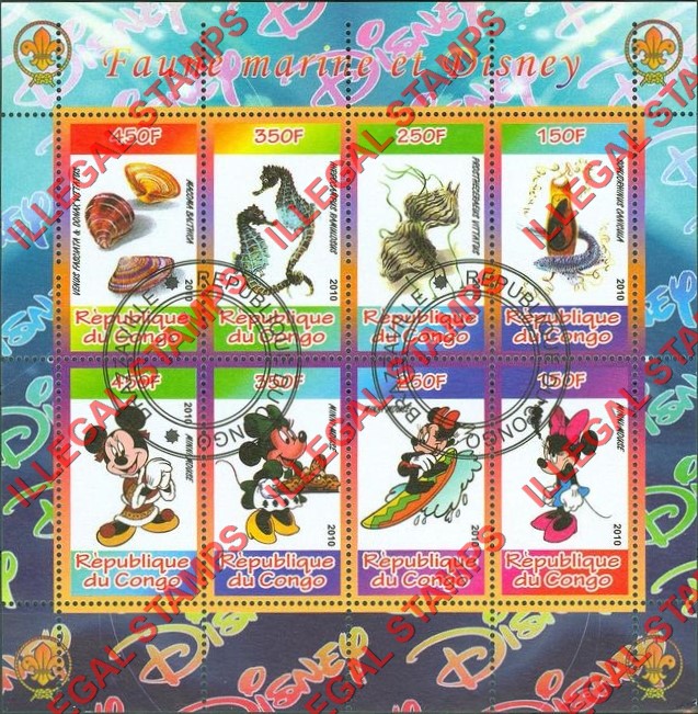 Congo Republic 2010 Disney and Marine Fauna Illegal Stamp Souvenir Sheet of 8 Congo Republic 2010 Disney and Marine Fauna Illegal Stamp Souvenir Sheet of 8