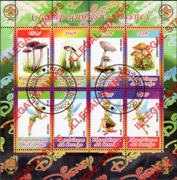 Congo Republic 2010 Disney and Mushrooms Illegal Stamp Souvenir Sheet of 8 Congo Republic 2010 Disney and Mushrooms Illegal Stamp Souvenir Sheet of 8