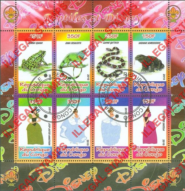 Congo Republic 2010 Disney and Reptiles Illegal Stamp Souvenir Sheet of 8 Congo Republic 2010 Disney and Reptiles Illegal Stamp Souvenir Sheet of 8