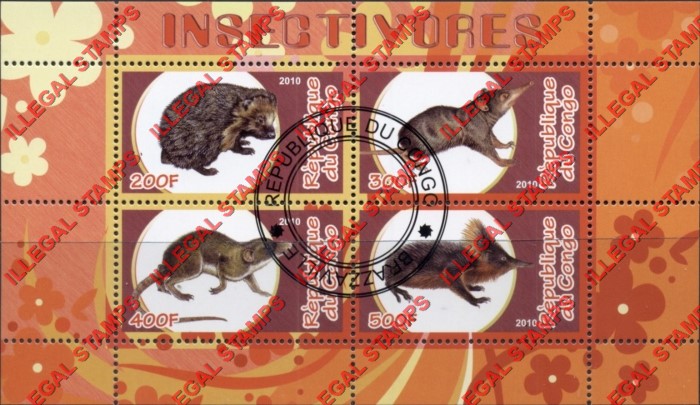 Congo Republic 2010 Insectivores Illegal Stamp Souvenir Sheet of 4 Congo Republic 2010 Insectivores Illegal Stamp Souvenir Sheet of 4