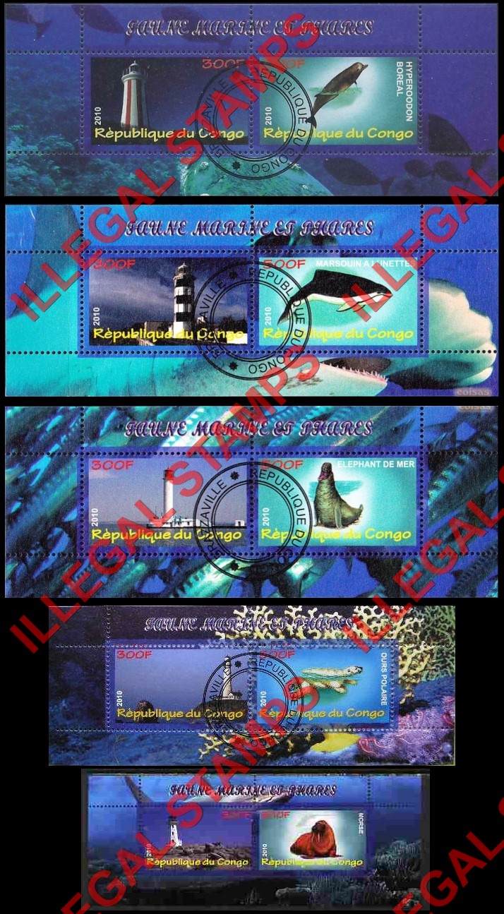Congo Republic 2010 Lighthouses and Marine Fauna Illegal Stamp Souvenir Sheets of 2 Congo Republic 2010 Lighthouses and Marine Fauna Illegal Stamp Souvenir Sheets of 2