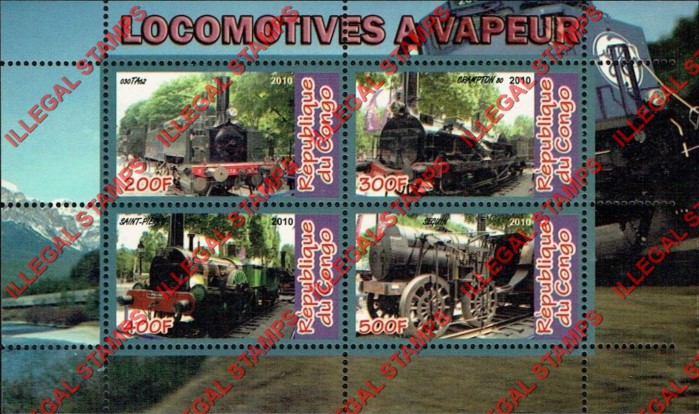 Congo Republic 2010 Locomotives Illegal Stamp Souvenir Sheet of 4 Congo Republic 2010 Locomotives Illegal Stamp Souvenir Sheet of 4