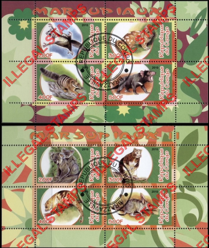 Congo Republic 2010 Marsupials Illegal Stamp Souvenir Sheets of 4 Congo Republic 2010 Marsupials Illegal Stamp Souvenir Sheets of 4