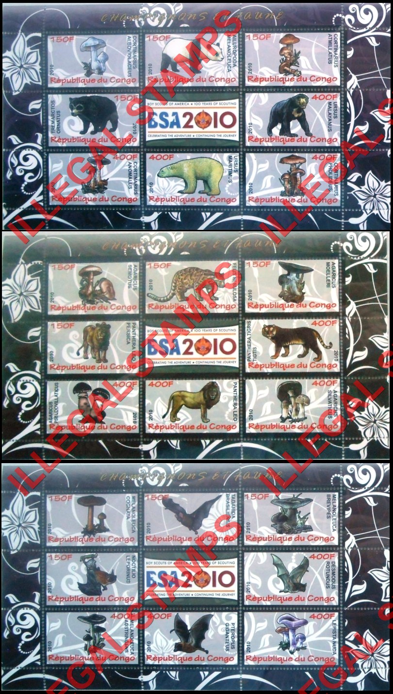 Congo Republic 2010 Mushrooms and Fauna Illegal Stamp Souvenir Sheets of 8 Plus Label (Part 1) Congo Republic 2010 Mushrooms and Fauna Illegal Stamp Souvenir Sheets of 8 Plus Label (Part 1)
