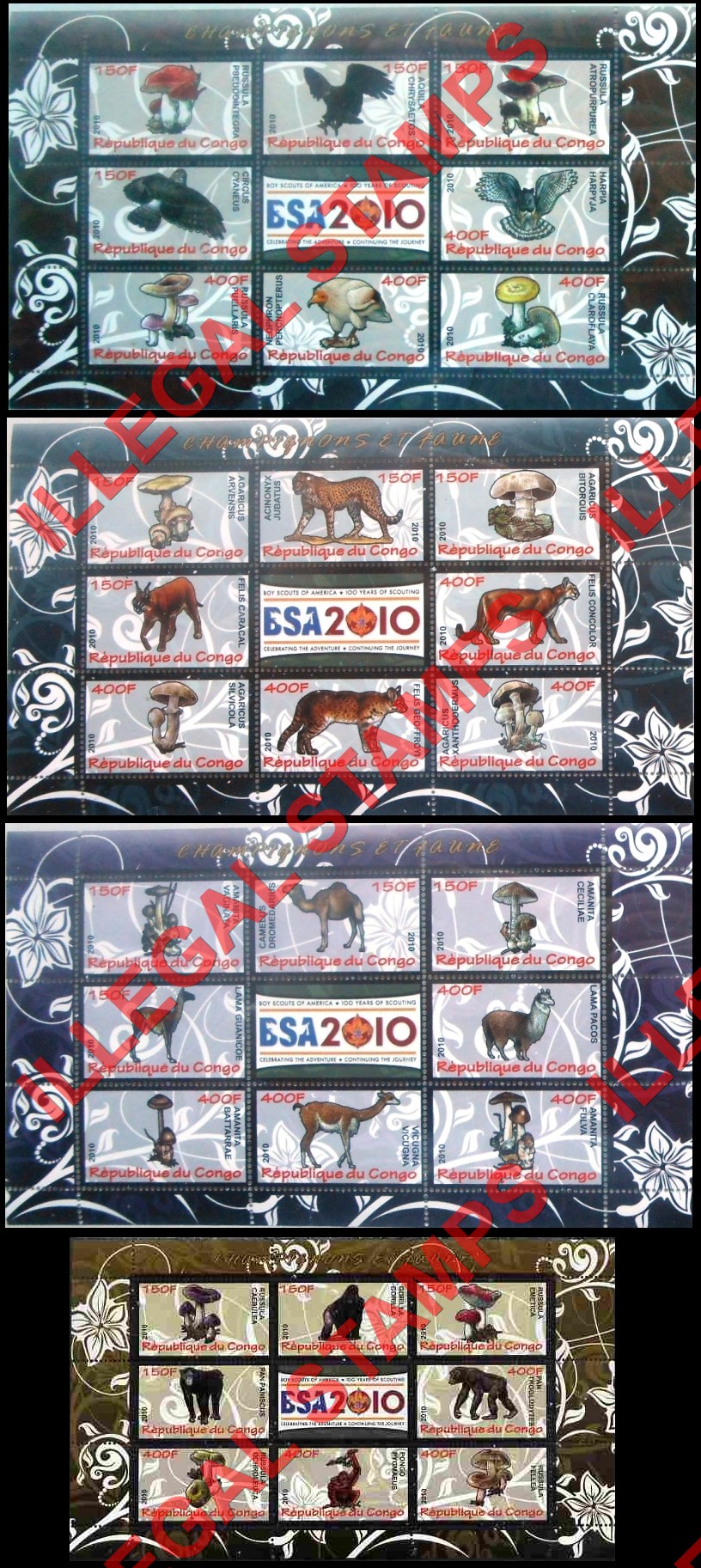Congo Republic 2010 Mushrooms and Fauna Illegal Stamp Souvenir Sheets of 8 Plus Label (Part 3) Congo Republic 2010 Mushrooms and Fauna Illegal Stamp Souvenir Sheets of 8 Plus Label (Part 3)