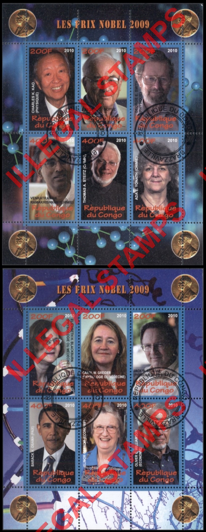 Congo Republic 2010 Nobel Prize Winners Illegal Stamp Souvenir Sheets of 6 Congo Republic 2010 Nobel Prize Winners Illegal Stamp Souvenir Sheets of 6