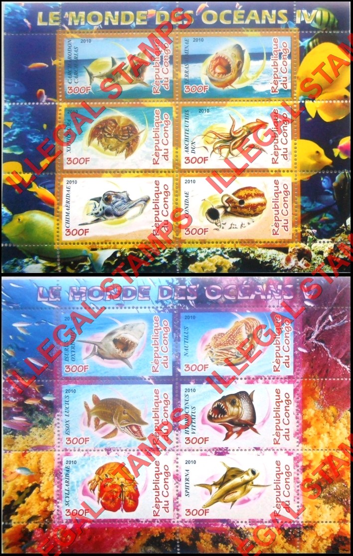 Congo Republic 2010 Ocean Life Illegal Stamp Souvenir Sheets of 6 (Part 2) Congo Republic 2010 Ocean Life Illegal Stamp Souvenir Sheets of 6 (Part 2)