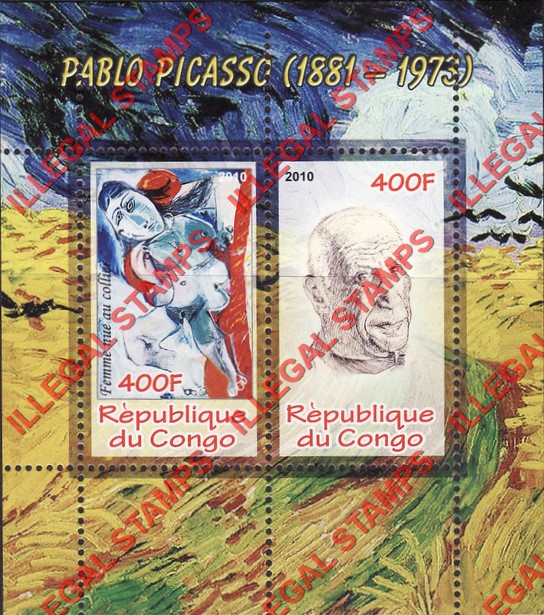 Congo Republic 2010 Pablo Picasso Illegal Stamp Souvenir Sheet of 2 Congo Republic 2010 Pablo Picasso Illegal Stamp Souvenir Sheet of 2