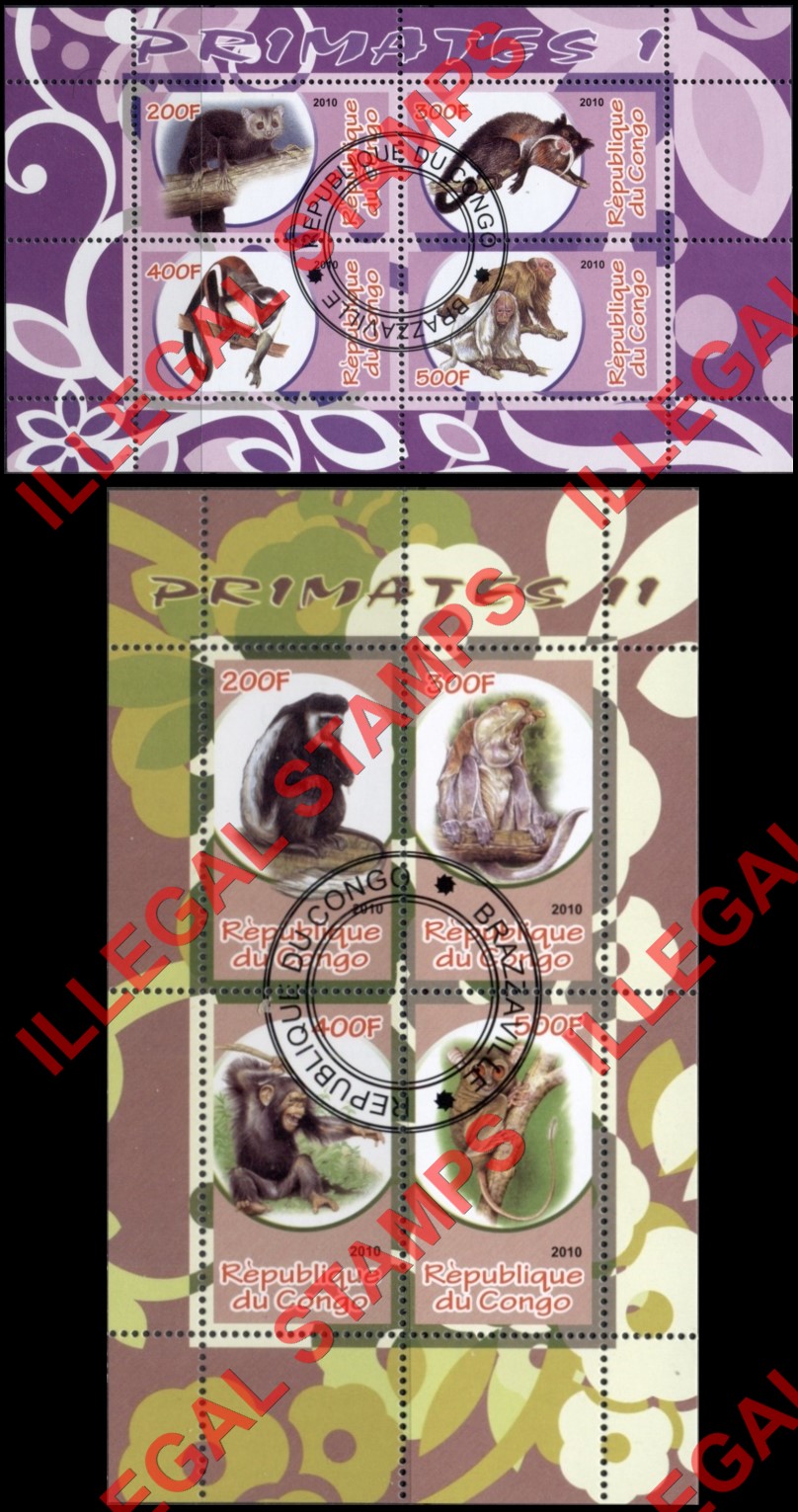 Congo Republic 2010 Primates Illegal Stamp Souvenir Sheets of 4 (Part 1) Congo Republic 2010 Primates Illegal Stamp Souvenir Sheets of 4 (Part 1)