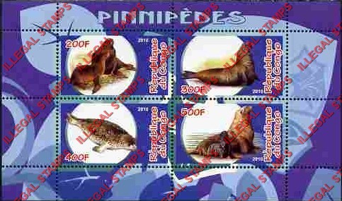 Congo Republic 2010 Seals Illegal Stamp Souvenir Sheet of 4 Congo Republic 2010 Seals Illegal Stamp Souvenir Sheet of 4
