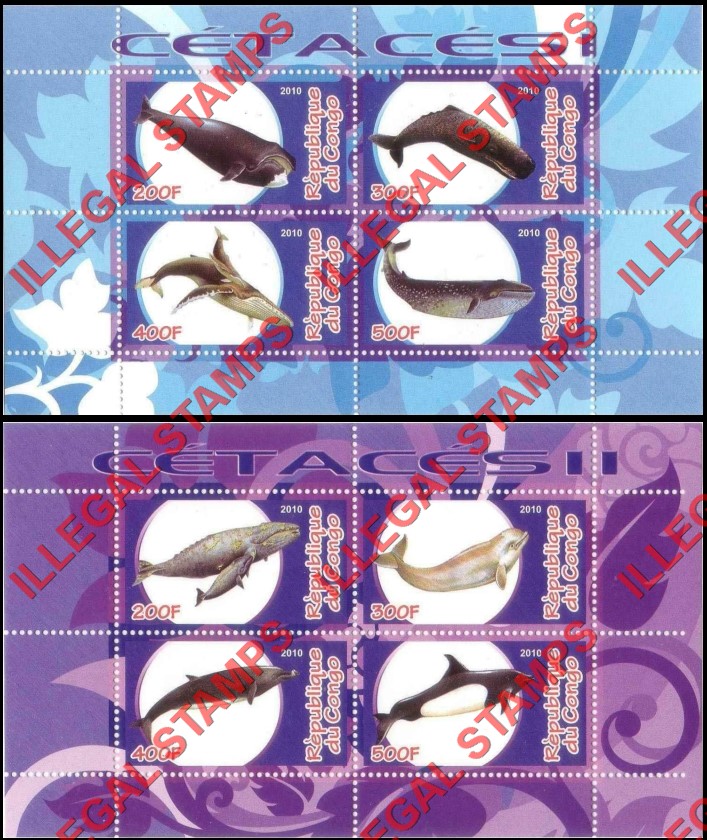 Congo Republic 2010 Whales Illegal Stamp Souvenir Sheets of 4 Congo Republic 2010 Whales Illegal Stamp Souvenir Sheets of 4