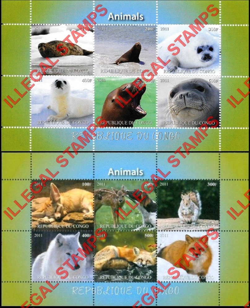 Congo Republic 2011 Animals Illegal Stamp Souvenir Sheets of 6 Congo Republic 2011 Animals Illegal Stamp Souvenir Sheets of 6
